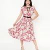 Unique Vintage Magenta & Ivory Floral Print Dahlia Swing Dress Sale