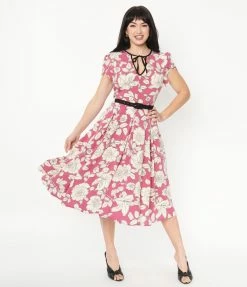 Unique Vintage Magenta & Ivory Floral Print Dahlia Swing Dress Sale