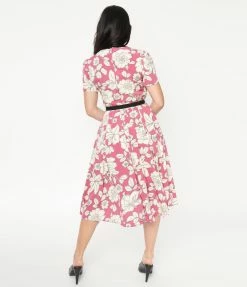 Unique Vintage Magenta & Ivory Floral Print Dahlia Swing Dress Sale