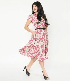 Unique Vintage Magenta & Ivory Floral Print Dahlia Swing Dress Sale