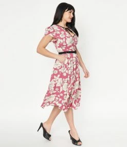 Unique Vintage Magenta & Ivory Floral Print Dahlia Swing Dress Sale