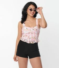 Unique Vintage Pink Floral Burnout Crop Top