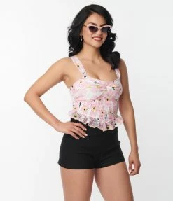 Unique Vintage Pink Floral Burnout Crop Top