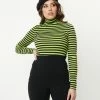 Unique Vintage Green & Black Stripe Turtleneck Cherie Top Sale