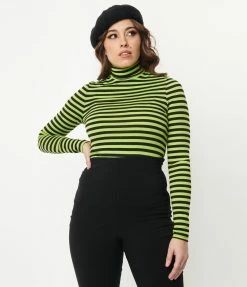 Unique Vintage Green & Black Stripe Turtleneck Cherie Top Sale