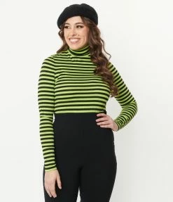Unique Vintage Green & Black Stripe Turtleneck Cherie Top Sale