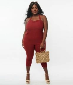 Unique Vintage Plus Size 1950s Burgundy Halter Marcel Jumpsuit