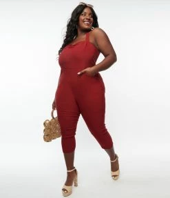 Unique Vintage Plus Size 1950s Burgundy Halter Marcel Jumpsuit