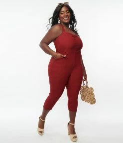 Unique Vintage Plus Size 1950s Burgundy Halter Marcel Jumpsuit