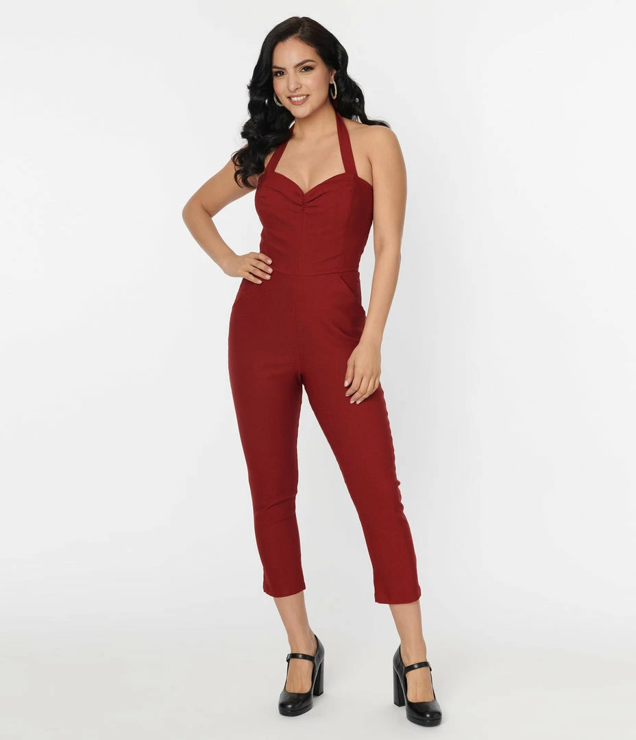 Unique Vintage 1950s Burgundy Halter Marcel Jumpsuit