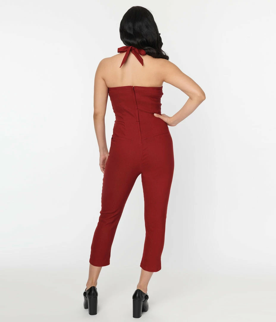 Unique Vintage 1950s Burgundy Halter Marcel Jumpsuit