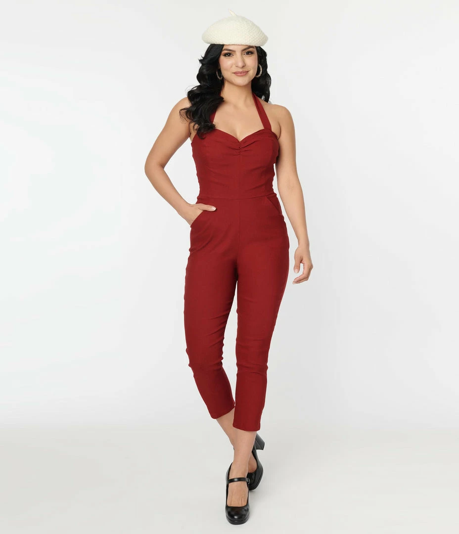 Unique Vintage 1950s Burgundy Halter Marcel Jumpsuit