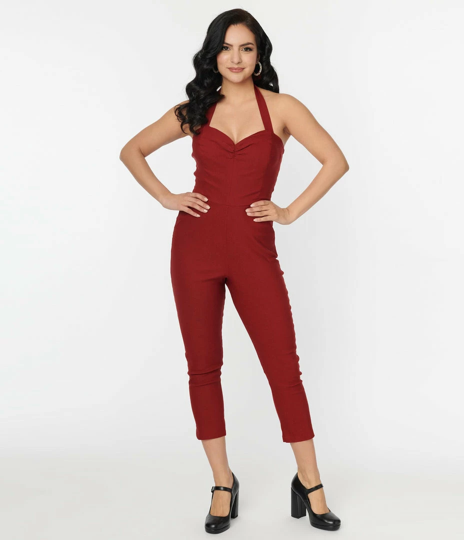 Unique Vintage 1950s Burgundy Halter Marcel Jumpsuit