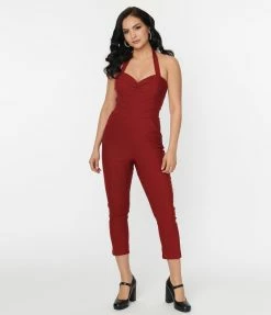 Unique Vintage 1950s Burgundy Halter Marcel Jumpsuit