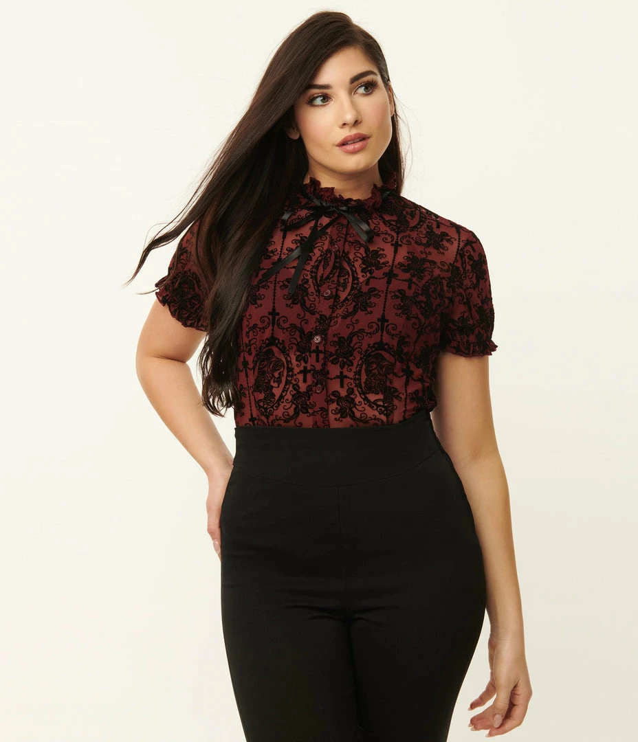 Trending Unique Vintage Burgundy La Catrina Burnout Lilette Blouse