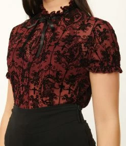 Trending Unique Vintage Burgundy La Catrina Burnout Lilette Blouse