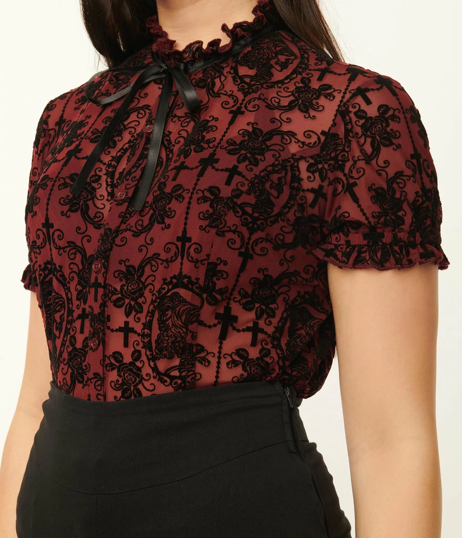 Trending Unique Vintage Burgundy La Catrina Burnout Lilette Blouse