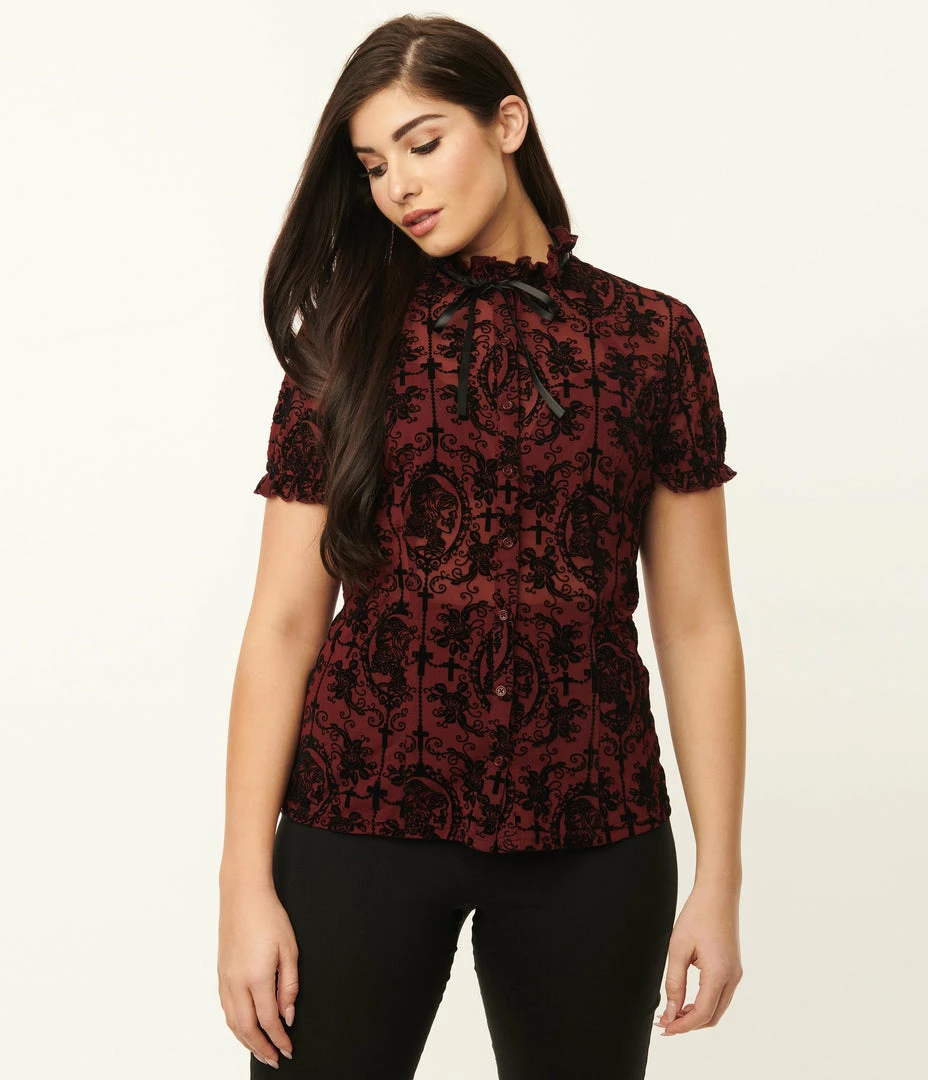 Trending Unique Vintage Burgundy La Catrina Burnout Lilette Blouse