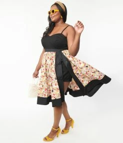 Sale Unique Vintage Plus Size Black & Multicolor Cat Print Rye Swing Skirt