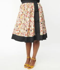 Sale Unique Vintage Plus Size Black & Multicolor Cat Print Rye Swing Skirt