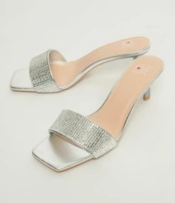 Fortune Dynamic Silver Gemstone Slip On Kitten Heels