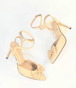 In Touch Footwear Beige Bow Strappy Ankle Heels Shoes