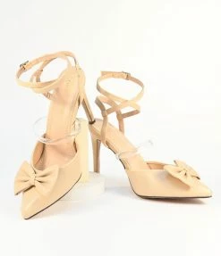 In Touch Footwear Beige Bow Strappy Ankle Heels Shoes