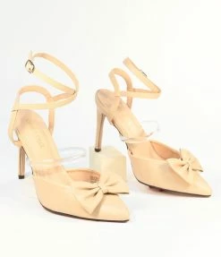 In Touch Footwear Beige Bow Strappy Ankle Heels Shoes