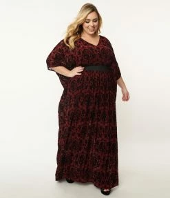 Trending Unique Vintage Burgundy La Catrina Burnout Burton Caftan Dress