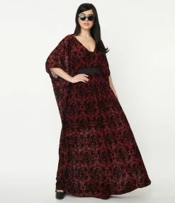 Trending Unique Vintage Burgundy La Catrina Burnout Burton Caftan Dress