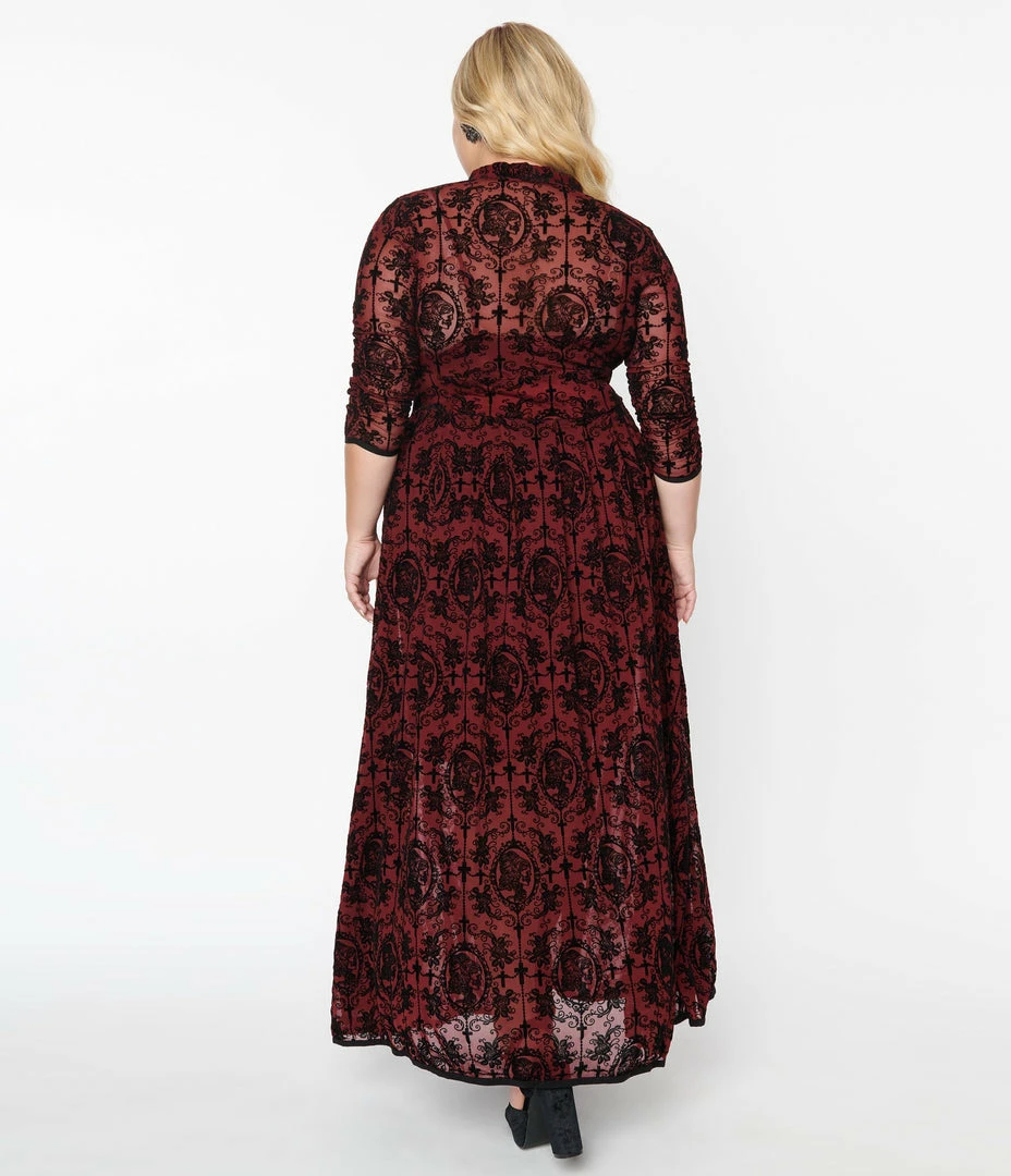 Clothing Unique Vintage Plus Size 1950s Burgundy & Black La Catrina Velvet Burnout Tallullah Duster