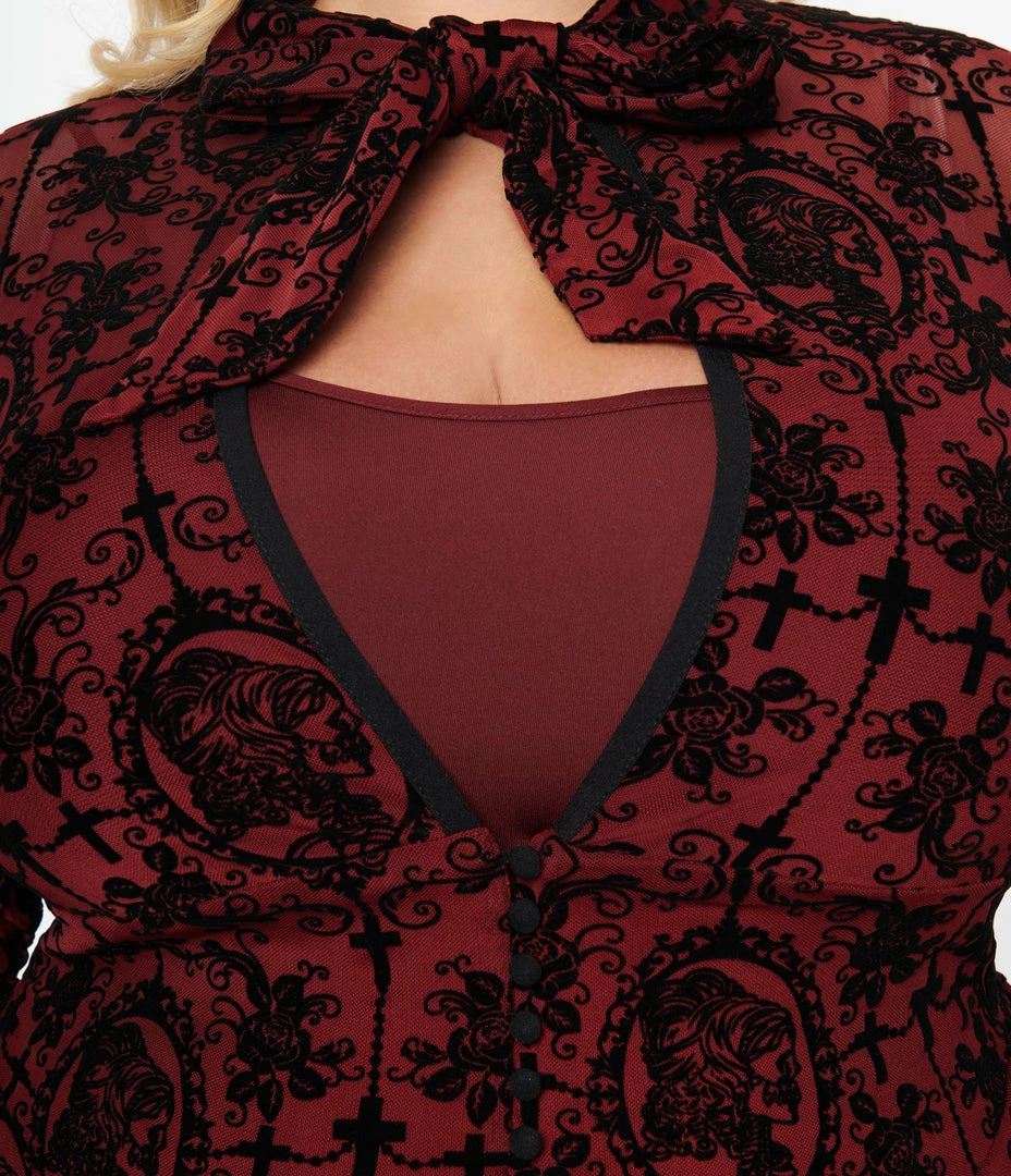 Clothing Unique Vintage Plus Size 1950s Burgundy & Black La Catrina Velvet Burnout Tallullah Duster
