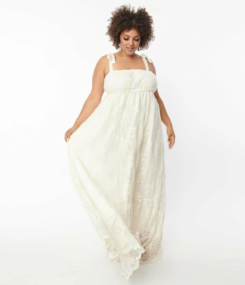 Unique Vintage Plus Size Ivory Embroidered Floral Maxi Dress