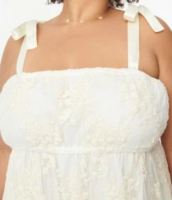 Unique Vintage Plus Size Ivory Embroidered Floral Maxi Dress