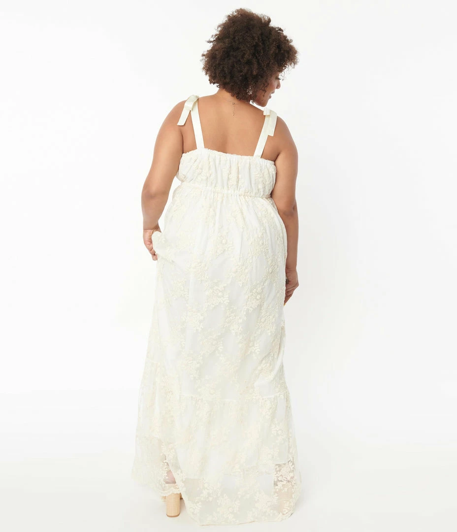 Unique Vintage Plus Size Ivory Embroidered Floral Maxi Dress