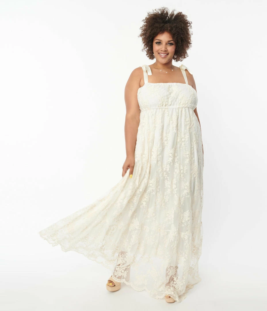 Unique Vintage Plus Size Ivory Embroidered Floral Maxi Dress