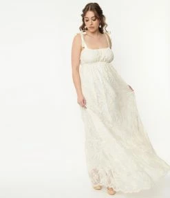 Unique Vintage Ivory Embroidered Floral Maxi Dress