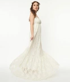 Unique Vintage Ivory Embroidered Floral Maxi Dress