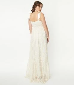 Unique Vintage Ivory Embroidered Floral Maxi Dress