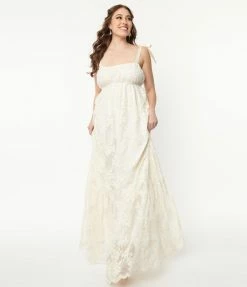 Unique Vintage Ivory Embroidered Floral Maxi Dress