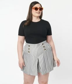 Sale Unique Vintage Plus Size Ivory & Grey Stripe Sailor Sweeney Shorts
