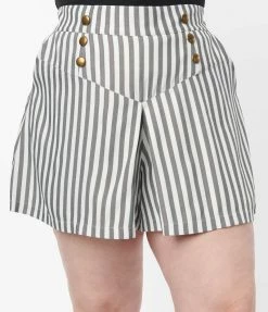 Sale Unique Vintage Plus Size Ivory & Grey Stripe Sailor Sweeney Shorts