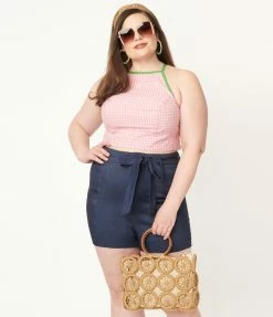 Sale Unique Vintage Plus Size Pink Gingham Main Squeeze Crop Top