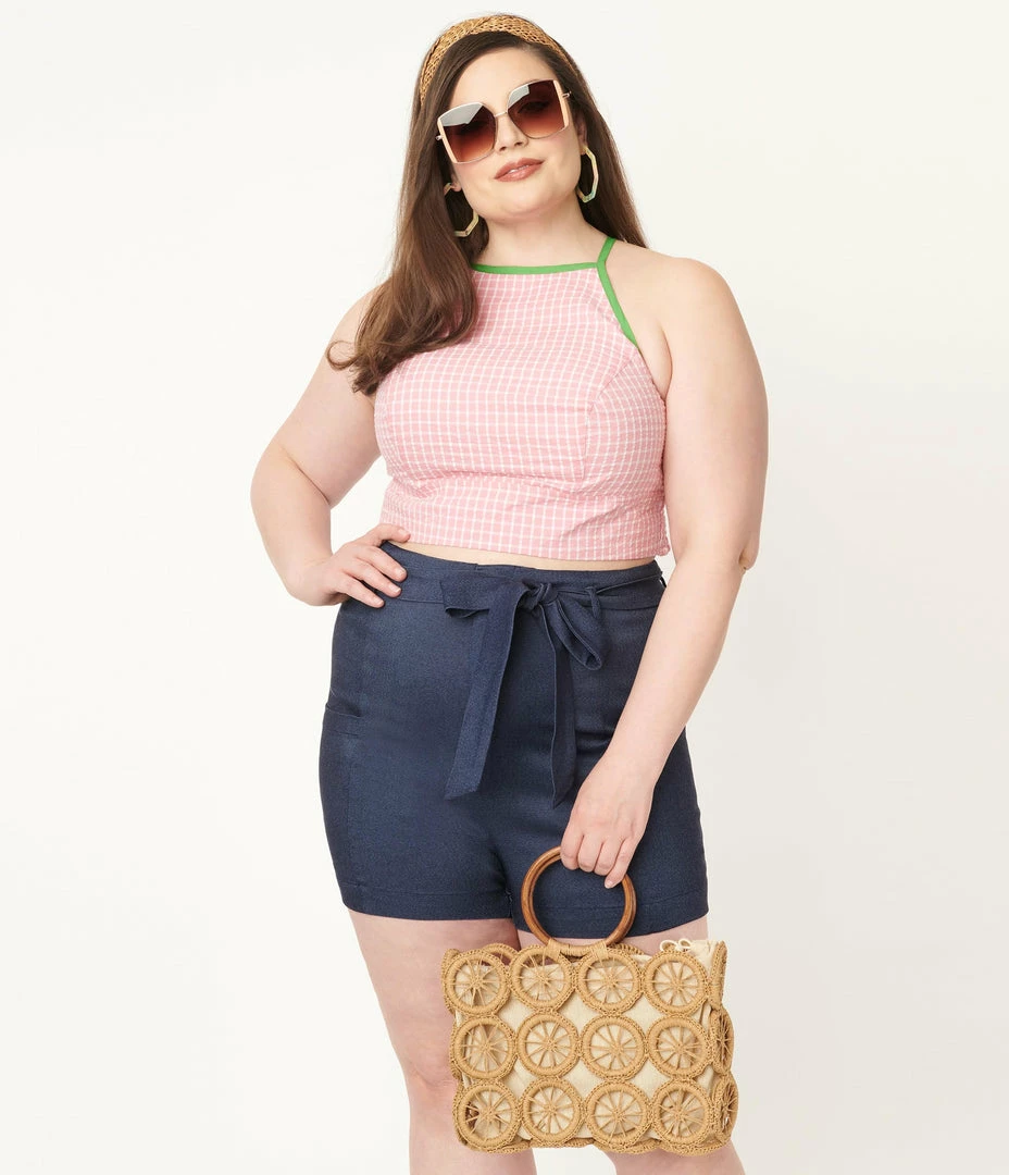 Sale Unique Vintage Plus Size Pink Gingham Main Squeeze Crop Top