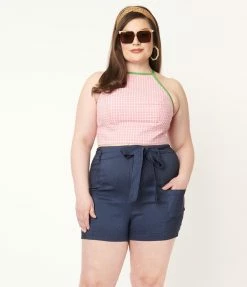Sale Unique Vintage Plus Size Pink Gingham Main Squeeze Crop Top