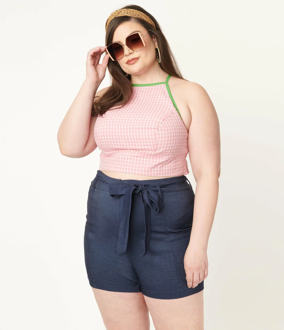 Sale Unique Vintage Plus Size Pink Gingham Main Squeeze Crop Top