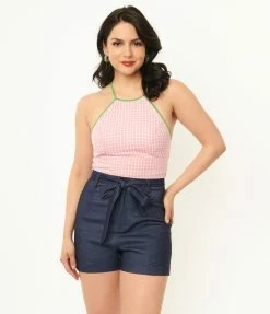 Unique Vintage Pink Gingham Main Squeeze Crop Top Sale