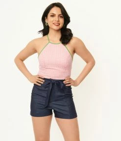 Unique Vintage Pink Gingham Main Squeeze Crop Top Sale