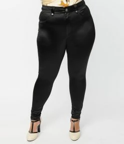 Unique Vintage Plus Size Black Satin Cigarette Kitty Pants Clothing
