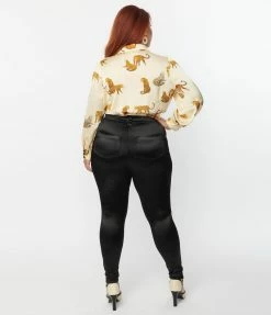 Unique Vintage Plus Size Black Satin Cigarette Kitty Pants Clothing